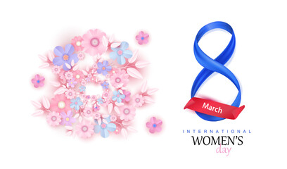 Happy women's day vector background with paper cut flowers on white. 