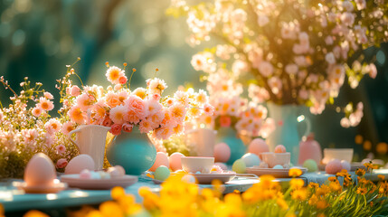 served festive Easter table for family brunch outdoor in the garden