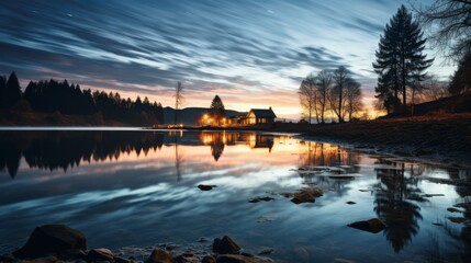 Obraz premium Long exposure of a rotating star trail above a serene lake, reflections on the water, symbolizing the passage of time and celestial movements, Photore