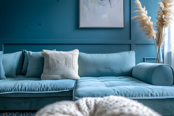 design for cozy modern living room, soft colors. Nice modern french design for a room, catalogue. blue and cyan. Furniture store. Abstract painting on the wall. 