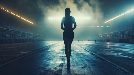 Fototapeta na wymiar Woman athlete running on a race track in a sports arena