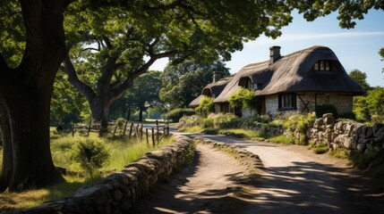 Traditional thatched-roof cottages in a lush green countryside, a narrow path leading through, symbolizing the heritage and beauty of rural architectu