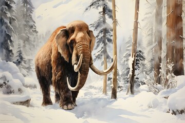 Exploring a snowy forest: A majestic watercolor depiction of a woolly mammoth. Concept Snowy Forest, Woolly Mammoth, Watercolor Art, Majestic Depiction - obrazy, fototapety, plakaty