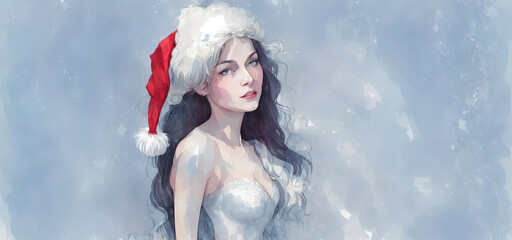 Christmas girl santa claus in a red cap. Watercolor drawing, generative ai.