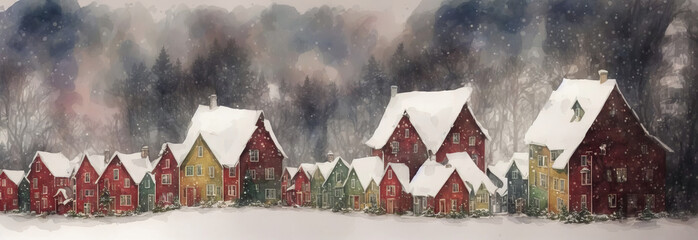 Small Christmas houses in snowy winter, falling snowflakes. Watercolor drawing, generative ai.