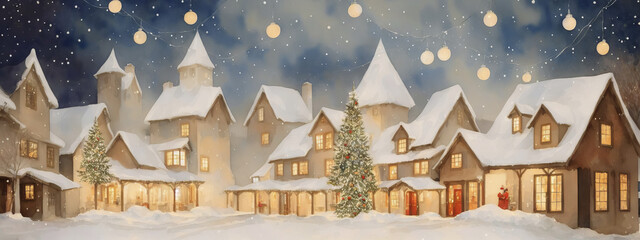 Small Christmas houses in snowy winter, falling snowflakes. Watercolor drawing, generative ai.