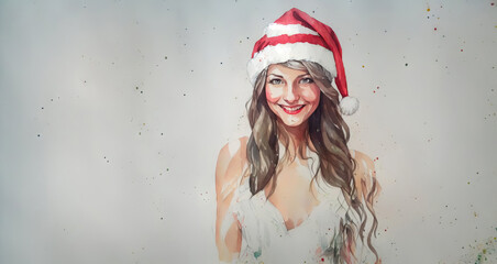 Christmas girl santa claus in a red cap. Watercolor drawing, generative ai.