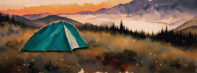 Tent against the backdrop of the mountains, camping in the wild. Watercolor drawing, generative ai.