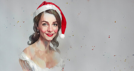 Christmas girl santa claus in a red cap. Watercolor drawing, generative ai.