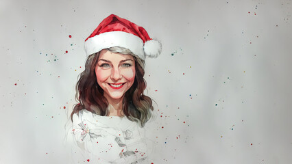 Christmas girl santa claus in a red cap. Watercolor drawing, generative ai.