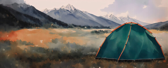 Tent against the backdrop of the mountains, camping in the wild. Watercolor drawing, generative ai.