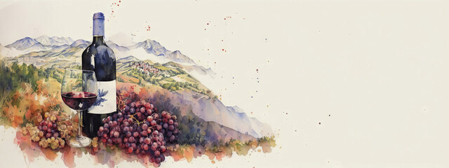A bottle of wine with a vineyard on the background of a plantation. Drawing, generative ai.