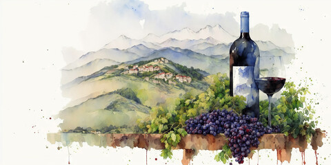 A bottle of wine with a vineyard on the background of a plantation. Drawing, generative ai.
