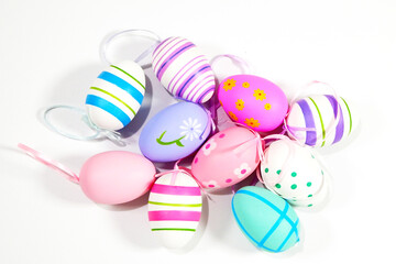 Colorful Easter Eggs on white background copy space stock photo