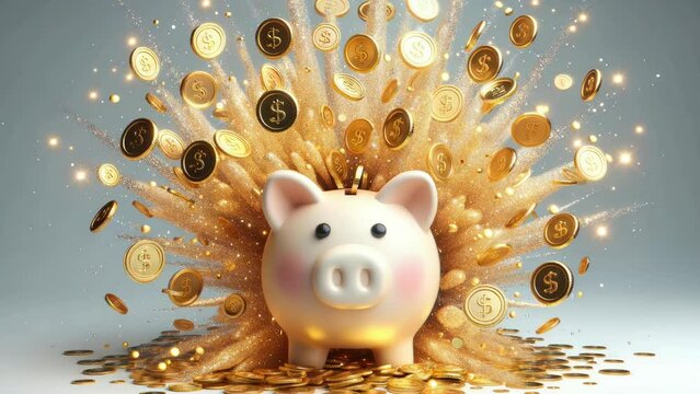 3D render of a cute piggy bank bursting open, with shimmering gold coins flying out in all directions. The piggy bank has a charming design, and the explosion of gold creates a dazzling visual effect.