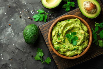 Homemade guacamole in white bowl and fresh avocado on wooden board
