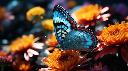 Vibrant butterfly resting on a colorful flower, detailed view of its wings and the flower's petals, a display of nature's artistry, Photography, macro