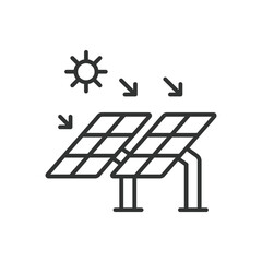 Solar panel with the sun icon in line design. Panel, sun, power, renewable, photovoltaic, electricity, solar power isolated on white background vector. Solar panel editable stroke icon.
