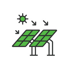 Solar panel with the sun icon in line design green. Panel, sun, power, renewable, photovoltaic, electricity, solar power isolated on white background vector. Solar panel editable stroke icon.