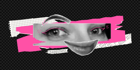 Halftone collage with smiling, happy girl. Concept of good mental health, happiness and joy. Modern vector design with torn paper. - obrazy, fototapety, plakaty