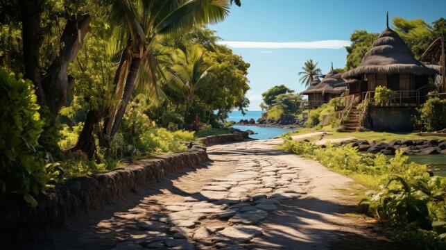 Small tropical village with thatched huts, sandy paths, and lush vegetation, conveying the simplicity and natural beauty of life in the tropics, Photo