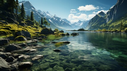 Majestic fjords with steep cliffs and deep blue waters, serene sky, conveying the tranquility and magnificence of glacially carved landscapes, Photore - obrazy, fototapety, plakaty