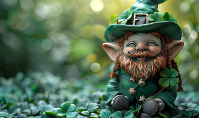 Cute leprechaun garden figurine on green spring background. Holiday and st patricks day concept. Cartoon illustration for poster, banner, card - obrazy, fototapety, plakaty
