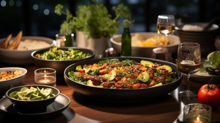 Fototapeta premium Table set with a variety of vegan dishes, salads, main courses, and desserts, focus on the delicious and appealing presentation, Photorealistic, vegan