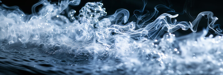 Misty smoke above water's glistening surface.