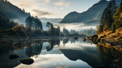 Serene lake reflecting the surrounding mountains and sky at dawn, mist hovering over the water, capturing the peacefulness and symmetry of natural lan - obrazy, fototapety, plakaty