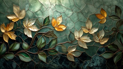 Stained glass window background with colorful Flower and Leaf abstract.