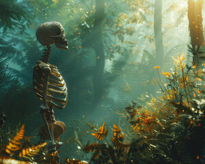 A futuristic skeleton in a forest of inspiration and wonder lit by the natural light of a distant alien sun