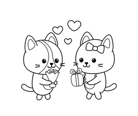 Coloring book. Kittens are giving gifts and flowers. Black and white cats. Vector