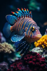Naklejka na ściany i meble Beautiful rare blue striped fish with big fins, close-up view. An exotic aquarium.