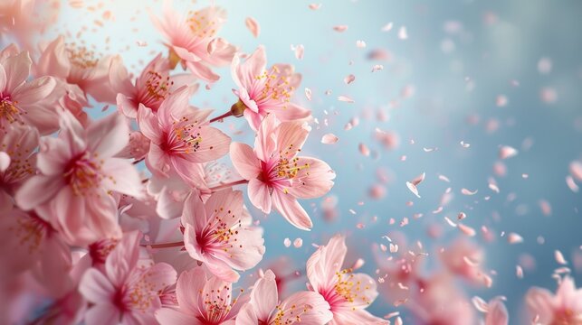 Cluster of cherry blossoms with petals 