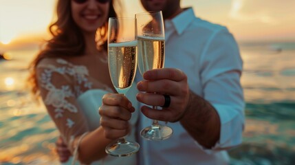 couple just married in wedding dress drinking champagne at sunset