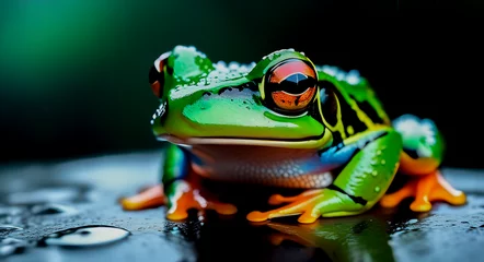 Poster a bright green frog with orange legs sits on a wet, dark background © Ольга Смирнова
