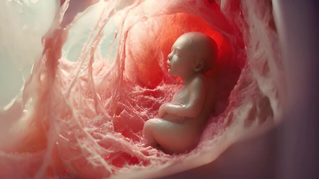 Human fetus inside the womb. Pregnant woman's belly inside. Motherhood. Unborn human embryo baby in uterine wall 4k video movement