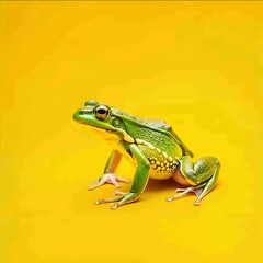 Green frog on the yellow background. 29 february leap year day concept