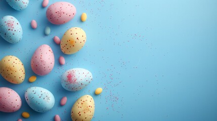 Fototapeta na wymiar Colorful easter eggs on blue background with copy space 