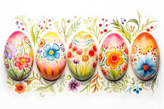 Watercolor-painted Easter eggs adorned with vibrant floral designs on a white background. Concept Easter, Watercolor Painting, Floral Designs, Vibrant Colors, Spring Decor