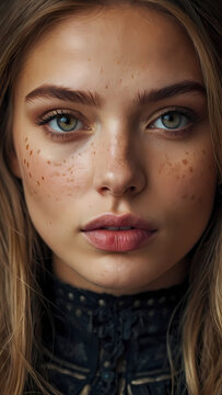 Ultrarealistic long full face and body photorealistic image of a with a 23-year-old girl with a lovely face, featuring deep hazel eyes that captivate anyone who meets them.
