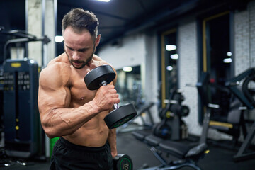 Fototapeta na wymiar Fit topless man exercising in gym. Side view of strong bearded bodybuilder working out with heavy dumbbell weights, looking at bicep, against blurred background. Concept of sport, bodybuilding.