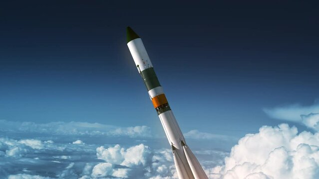 The launch vehicle takes off above the clouds. 3D animation. 4k.