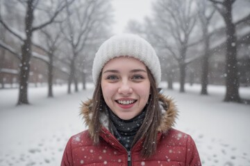 Fototapeta premium Winter walk, a young beautiful woman in winter clothes in a snowy street