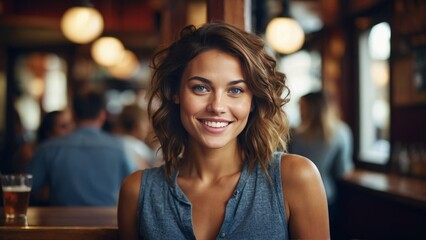 Beautiful young woman sitting at a bar looking at camera in a luxurious interior