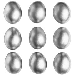 Top down view of nine silver eggs arranged in square shape