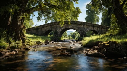 Fototapeta na wymiar Old stone bridge over a countryside stream, lush vegetation, and clear water, conveying the charm and history of rural architecture, Photorealistic, s