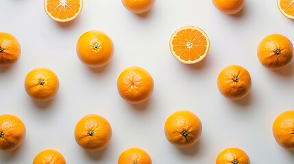 top down view of whole oranges and half oranges evenly distributed on white background - obrazy, fototapety, plakaty