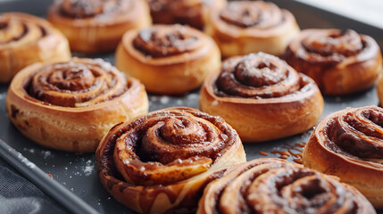 Obraz na płótnie Canvas close up of freshly baked cinnamon rolls pastries on baking tray